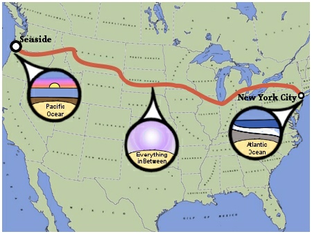 Tour route for the Teen Treks Across America coast to coast bicycle tour which travels through Washington Oregon Idaho Montana Wyoming South Dakota Minnesota Wisconsin New York